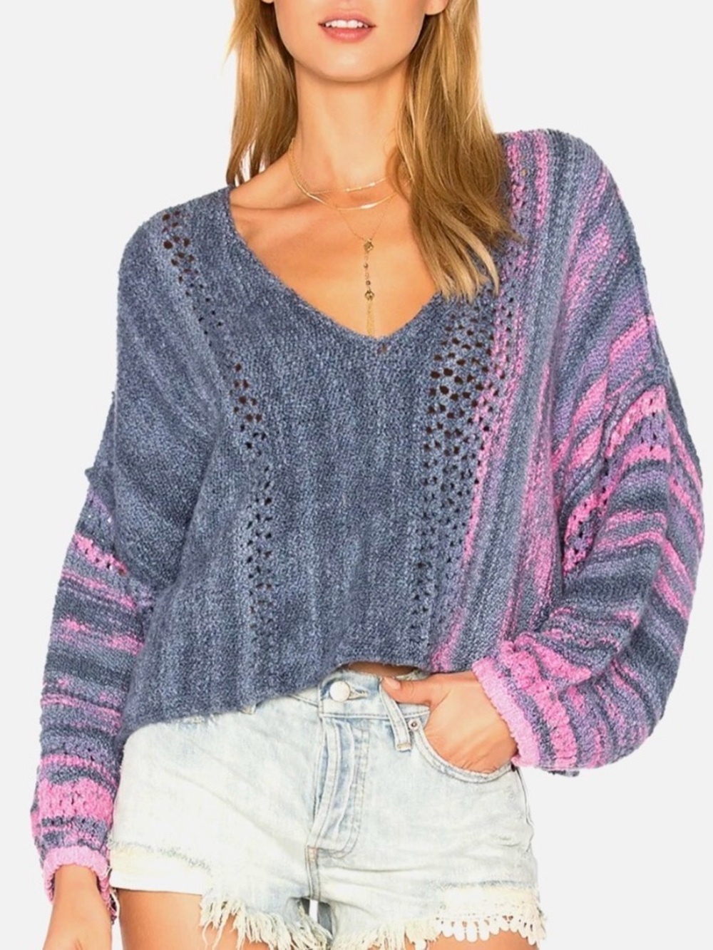 Free People Amethyst Blue and Pink Striped V-Neck Chunky Knit Sweater